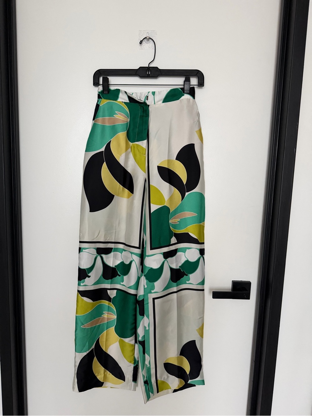Zara Green, Black & Cream Wide-Leg Printed Palazzo Pants